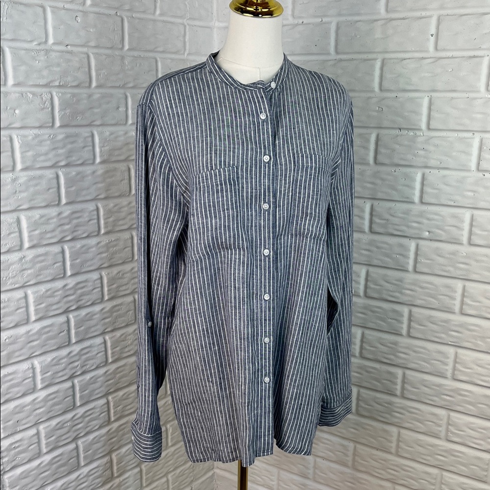 LANDS’ END 100% LINEN BUTTON UP STRIPE TUNIC BLOUSE ROLL UP SLEEVE SZ M 10-12